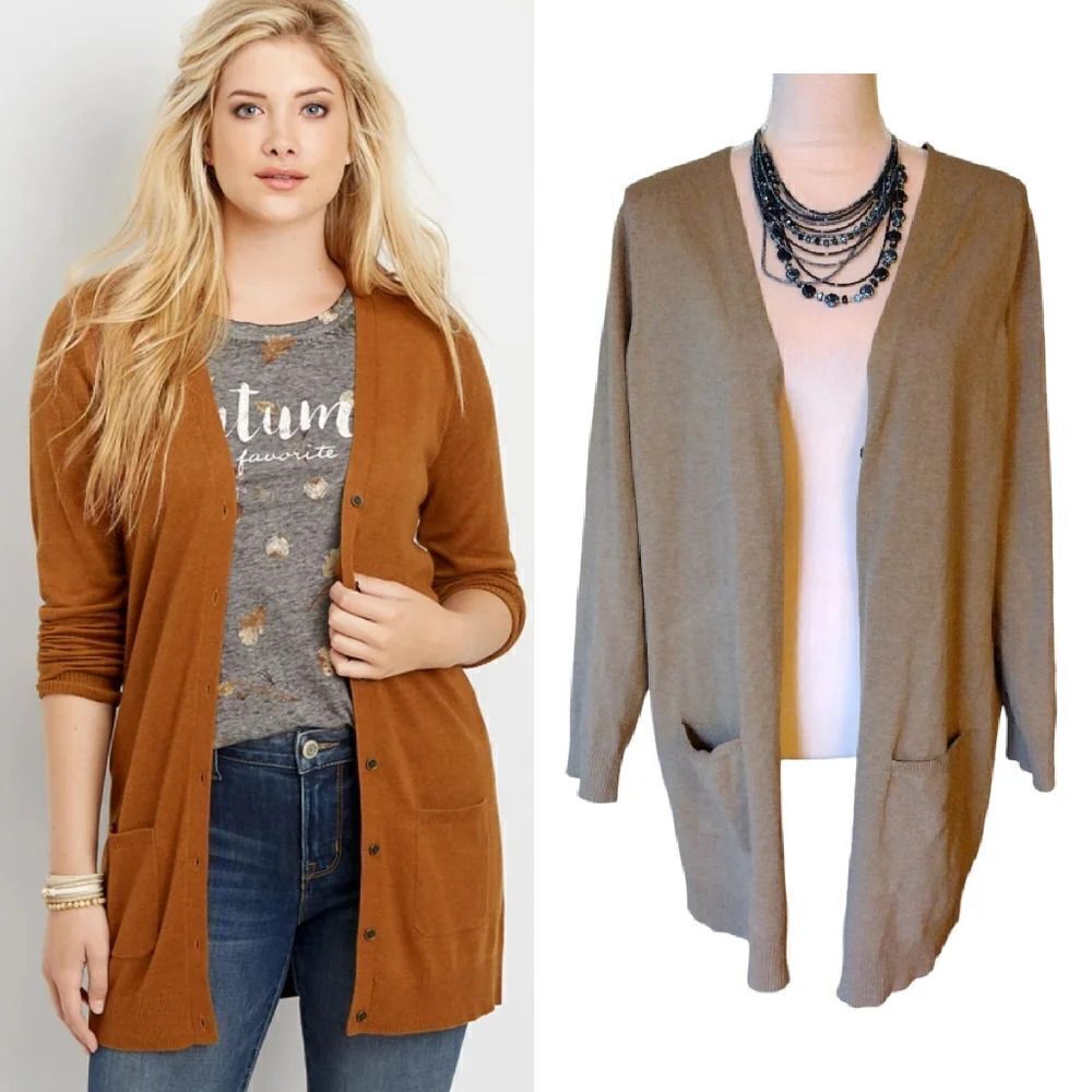 Maurices Brown Solid Tunic Button Front Boyfriend Cardigan Plussize 0X‎